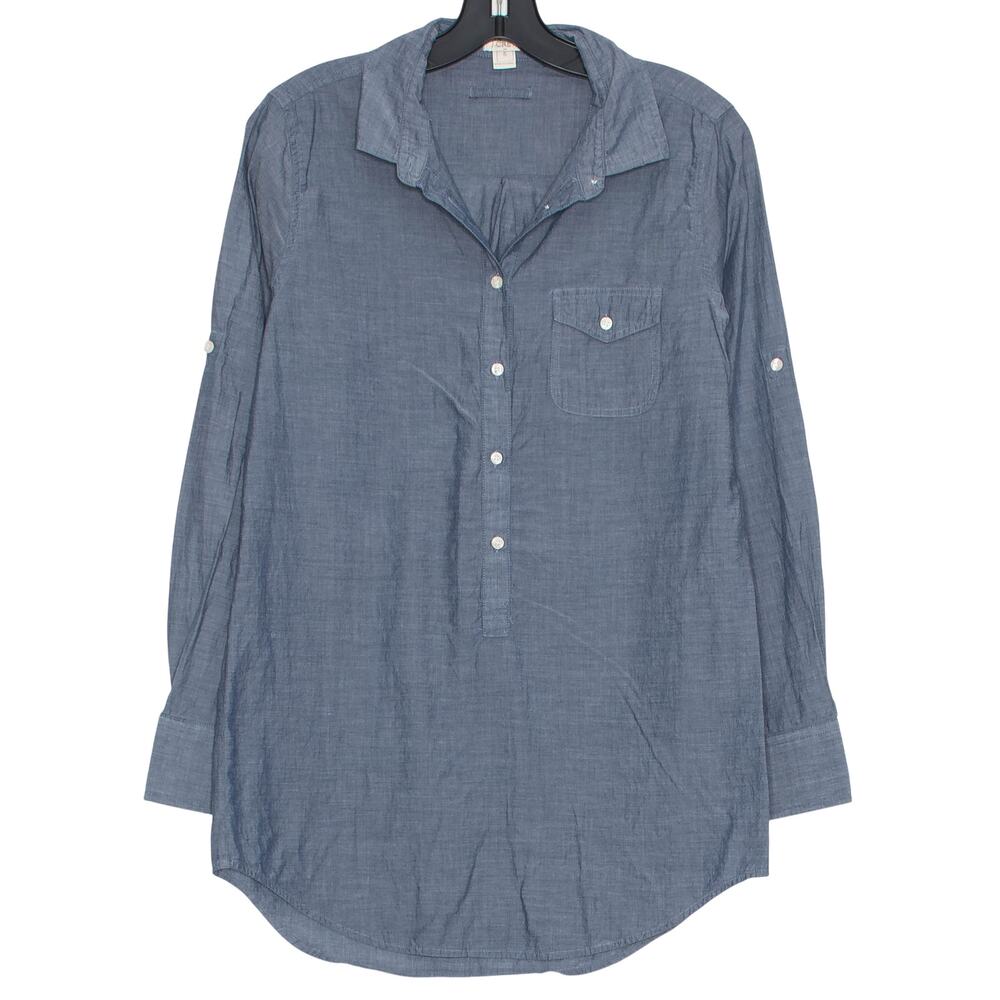 J Crew Tunic Top Chambray Popover Casual Coastal Preppy Pocket Blue Size Small